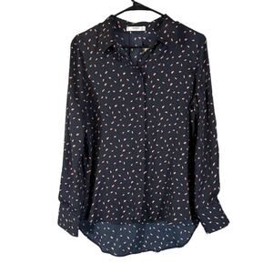MNG by Mango Navy Blue & Pink High Low Long Sleeve Button Down Blouse Women Sz 6